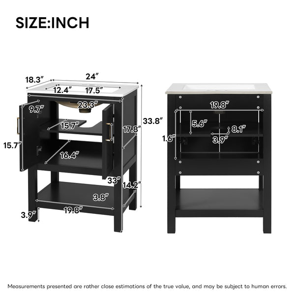 English Elm 24 Inch Bathroom Vanity Twill Textured MDF Cabinet Rubberwood Legs Adjustable Shelf Black N710P446535B