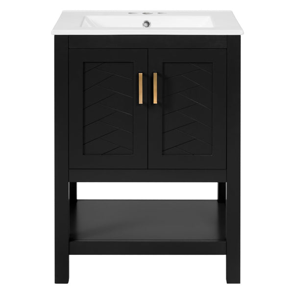 English Elm 24 Inch Bathroom Vanity Twill Textured MDF Cabinet Rubberwood Legs Adjustable Shelf Black N710P446535B