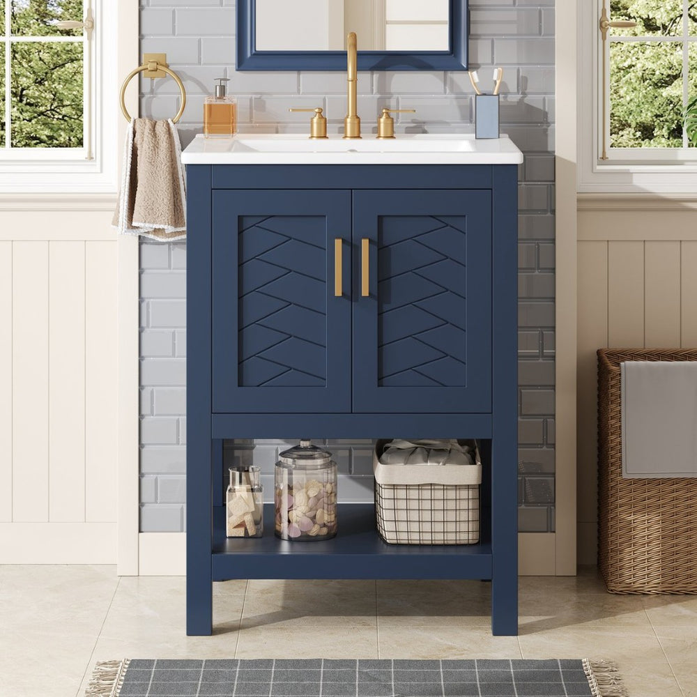 English Elm 24 Inch Modern Bathroom Vanity with Ceramic Sink Soft Close Rubberwood Cabinet Storage N710P446535C