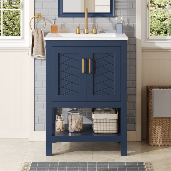 English Elm 24 Inch Modern Bathroom Vanity with Ceramic Sink Soft Close Rubberwood Cabinet Storage N710P446535C