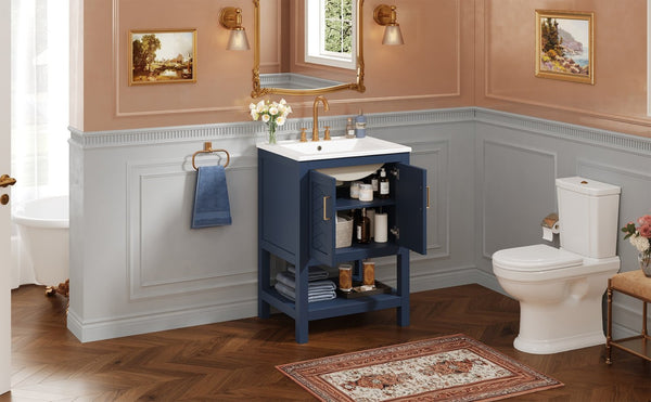 English Elm 24 Inch Modern Bathroom Vanity with Ceramic Sink Soft Close Rubberwood Cabinet Storage N710P446535C