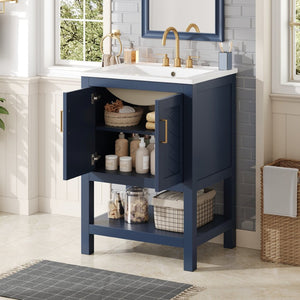 English Elm 24 Inch Modern Bathroom Vanity with Ceramic Sink Soft Close Rubberwood Cabinet Storage N710P446535C