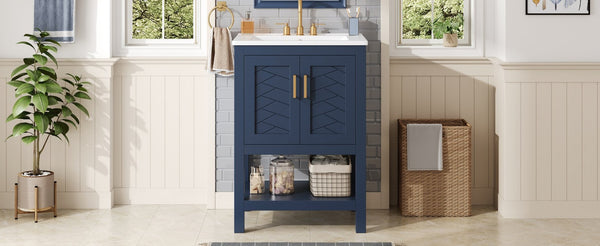 English Elm 24 Inch Modern Bathroom Vanity with Ceramic Sink Soft Close Rubberwood Cabinet Storage N710P446535C