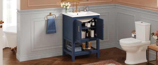 English Elm 24 Inch Modern Bathroom Vanity with Ceramic Sink Soft Close Rubberwood Cabinet Storage N710P446535C