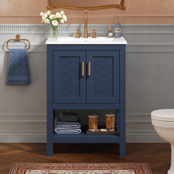 English Elm 24 Inch Modern Bathroom Vanity with Ceramic Sink Soft Close Rubberwood Cabinet Storage N710P446535C