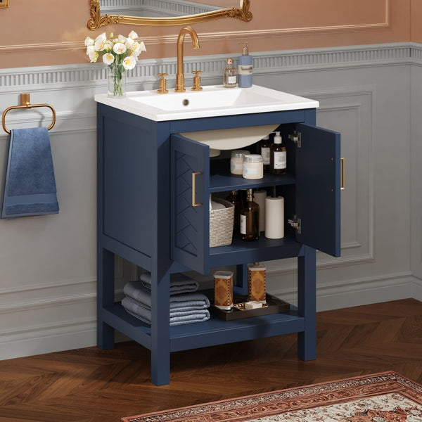 English Elm 24 Inch Modern Bathroom Vanity with Ceramic Sink Soft Close Rubberwood Cabinet Storage N710P446535C