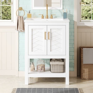 English Elm 24 Inch Bathroom Vanity Twill Textured MDF Cabinet Rubberwood Legs Adjustable Shelf White N710P446535K