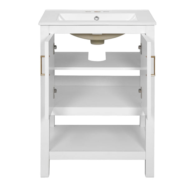 English Elm 24 Inch Bathroom Vanity Twill Textured MDF Cabinet Rubberwood Legs Adjustable Shelf White N710P446535K