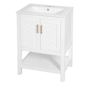 English Elm 24 Inch Bathroom Vanity Twill Textured MDF Cabinet Rubberwood Legs Adjustable Shelf White N710P446535K