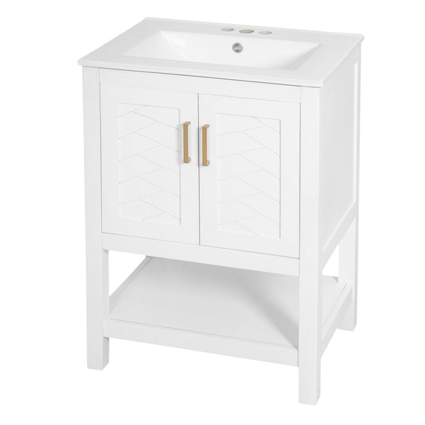 English Elm 24 Inch Bathroom Vanity Twill Textured MDF Cabinet Rubberwood Legs Adjustable Shelf White N710P446535K