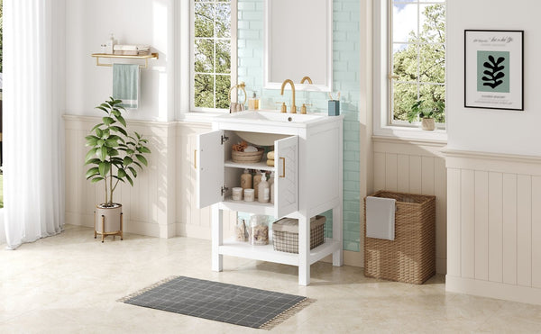 English Elm 24 Inch Bathroom Vanity Twill Textured MDF Cabinet Rubberwood Legs Adjustable Shelf White N710P446535K