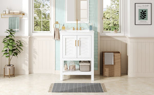 English Elm 24 Inch Bathroom Vanity Twill Textured MDF Cabinet Rubberwood Legs Adjustable Shelf White N710P446535K