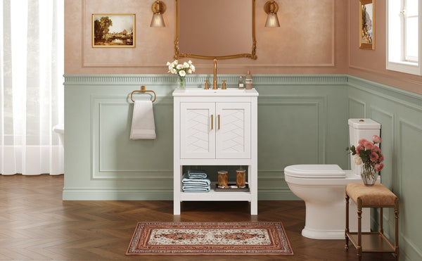 English Elm 24 Inch Bathroom Vanity Twill Textured MDF Cabinet Rubberwood Legs Adjustable Shelf White N710P446535K