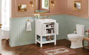 English Elm 24 Inch Bathroom Vanity Twill Textured MDF Cabinet Rubberwood Legs Adjustable Shelf White N710P446535K
