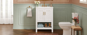 English Elm 24 Inch Bathroom Vanity Twill Textured MDF Cabinet Rubberwood Legs Adjustable Shelf White N710P446535K