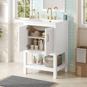 English Elm 24 Inch Bathroom Vanity Twill Textured MDF Cabinet Rubberwood Legs Adjustable Shelf White N710P446535K