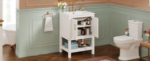 English Elm 24 Inch Bathroom Vanity Twill Textured MDF Cabinet Rubberwood Legs Adjustable Shelf White N710P446535K