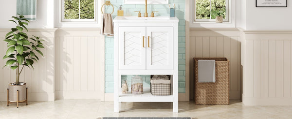 English Elm 24 Inch Bathroom Vanity Twill Textured MDF Cabinet Rubberwood Legs Adjustable Shelf White N710P446535K