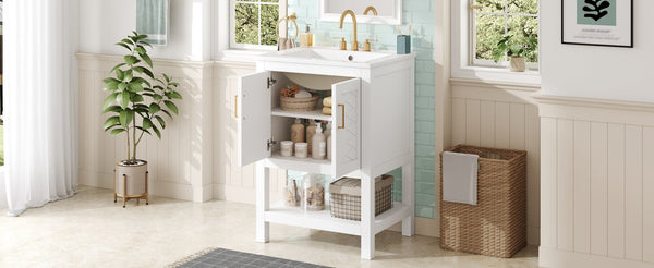 English Elm 24 Inch Bathroom Vanity Twill Textured MDF Cabinet Rubberwood Legs Adjustable Shelf White N710P446535K