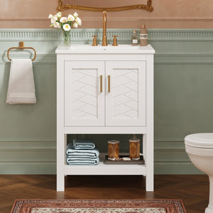 English Elm 24 Inch Bathroom Vanity Twill Textured MDF Cabinet Rubberwood Legs Adjustable Shelf White N710P446535K