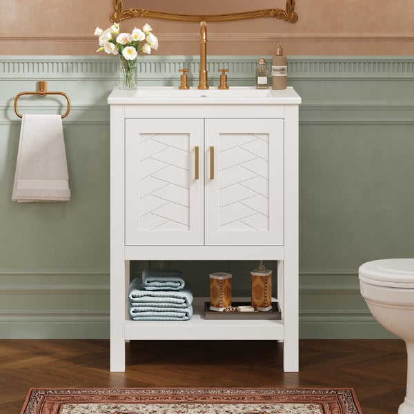 English Elm 24 Inch Bathroom Vanity Twill Textured MDF Cabinet Rubberwood Legs Adjustable Shelf White N710P446535K