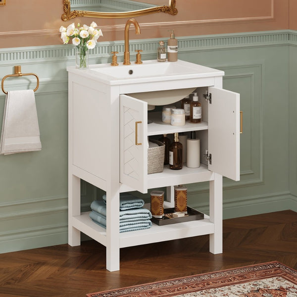 English Elm 24 Inch Bathroom Vanity Twill Textured MDF Cabinet Rubberwood Legs Adjustable Shelf White N710P446535K