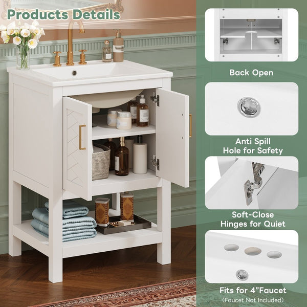 English Elm 24 Inch Bathroom Vanity Twill Textured MDF Cabinet Rubberwood Legs Adjustable Shelf White N710P446535K