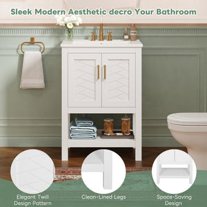 English Elm 24 Inch Bathroom Vanity Twill Textured MDF Cabinet Rubberwood Legs Adjustable Shelf White N710P446535K