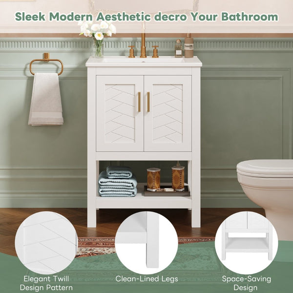 English Elm 24 Inch Bathroom Vanity Twill Textured MDF Cabinet Rubberwood Legs Adjustable Shelf White N710P446535K