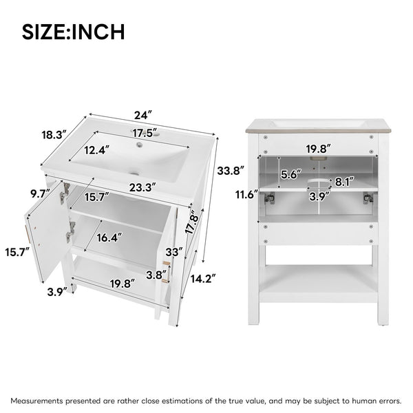English Elm 24 Inch Bathroom Vanity Twill Textured MDF Cabinet Rubberwood Legs Adjustable Shelf White N710P446535K
