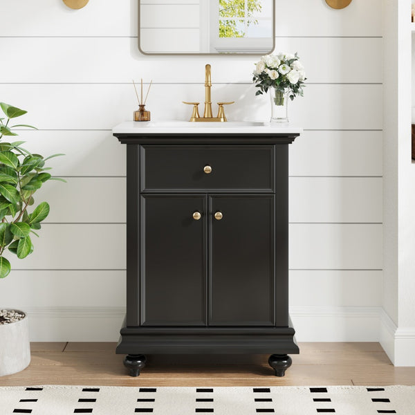 English Elm 24 Inch French Country Bathroom Vanity with Ceramic Sink Soft Close Cabinet and Gold Knobs Black N710P446538B