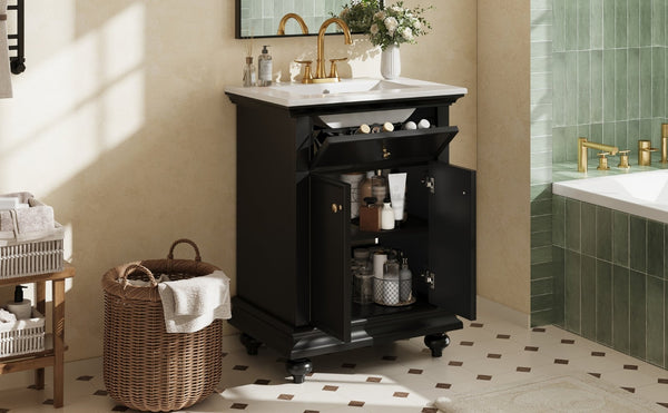 English Elm 24 Inch French Country Bathroom Vanity with Ceramic Sink Soft Close Cabinet and Gold Knobs Black N710P446538B