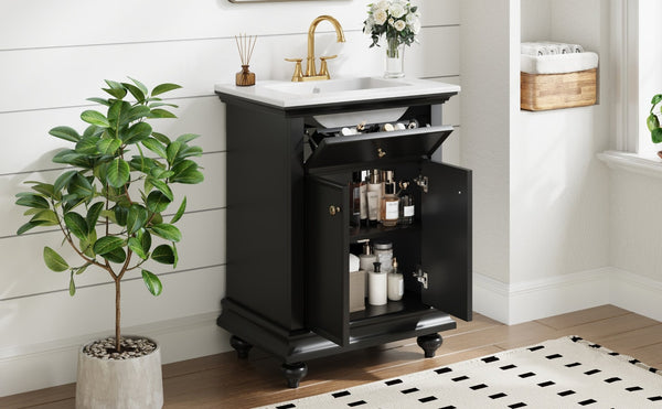 English Elm 24 Inch French Country Bathroom Vanity with Ceramic Sink Soft Close Cabinet and Gold Knobs Black N710P446538B