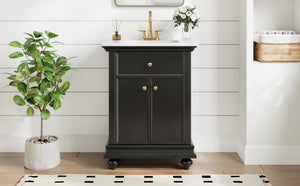 English Elm 24 Inch French Country Bathroom Vanity with Ceramic Sink Soft Close Cabinet and Gold Knobs Black N710P446538B