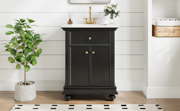 English Elm 24 Inch French Country Bathroom Vanity with Ceramic Sink Soft Close Cabinet and Gold Knobs Black N710P446538B