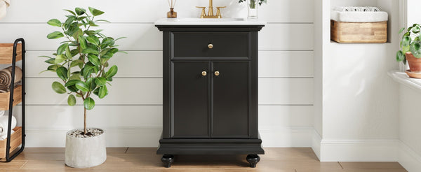 English Elm 24 Inch French Country Bathroom Vanity with Ceramic Sink Soft Close Cabinet and Gold Knobs Black N710P446538B