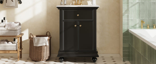 English Elm 24 Inch French Country Bathroom Vanity with Ceramic Sink Soft Close Cabinet and Gold Knobs Black N710P446538B