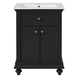 English Elm 24 Inch French Country Bathroom Vanity with Ceramic Sink Soft Close Cabinet and Gold Knobs Black N710P446538B