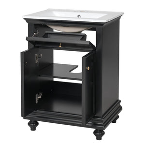 English Elm 24 Inch French Country Bathroom Vanity with Ceramic Sink Soft Close Cabinet and Gold Knobs Black N710P446538B