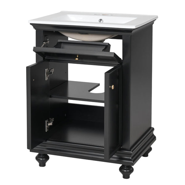 English Elm 24 Inch French Country Bathroom Vanity with Ceramic Sink Soft Close Cabinet and Gold Knobs Black N710P446538B