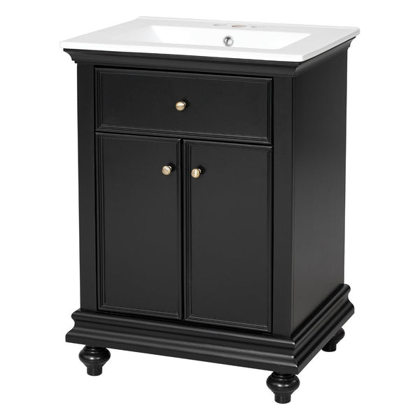 English Elm 24 Inch French Country Bathroom Vanity with Ceramic Sink Soft Close Cabinet and Gold Knobs Black N710P446538B