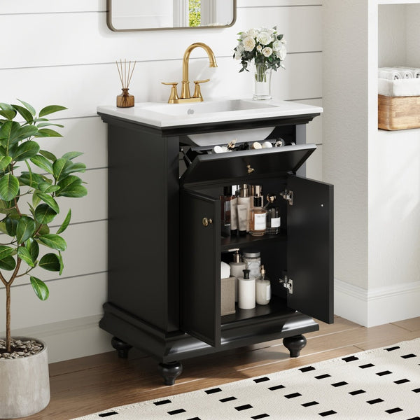 English Elm 24 Inch French Country Bathroom Vanity with Ceramic Sink Soft Close Cabinet and Gold Knobs Black N710P446538B