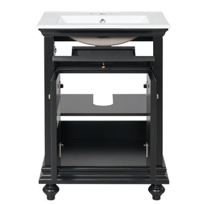 English Elm 24 Inch French Country Bathroom Vanity with Ceramic Sink Soft Close Cabinet and Gold Knobs Black N710P446538B