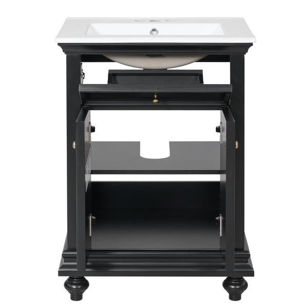 English Elm 24 Inch French Country Bathroom Vanity with Ceramic Sink Soft Close Cabinet and Gold Knobs Black N710P446538B