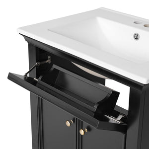 English Elm 24 Inch French Country Bathroom Vanity with Ceramic Sink Soft Close Cabinet and Gold Knobs Black N710P446538B