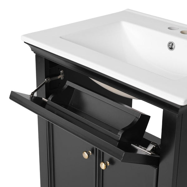 English Elm 24 Inch French Country Bathroom Vanity with Ceramic Sink Soft Close Cabinet and Gold Knobs Black N710P446538B
