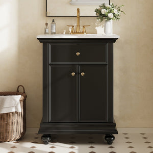 English Elm 24 Inch French Country Bathroom Vanity with Ceramic Sink Soft Close Cabinet and Gold Knobs Black N710P446538B
