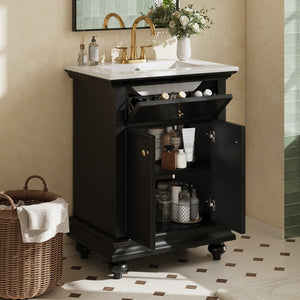 English Elm 24 Inch French Country Bathroom Vanity with Ceramic Sink Soft Close Cabinet and Gold Knobs Black N710P446538B
