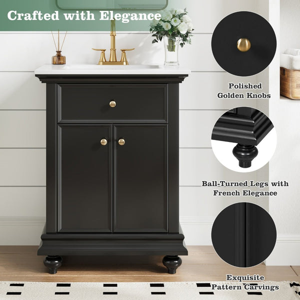 English Elm 24 Inch French Country Bathroom Vanity with Ceramic Sink Soft Close Cabinet and Gold Knobs Black N710P446538B
