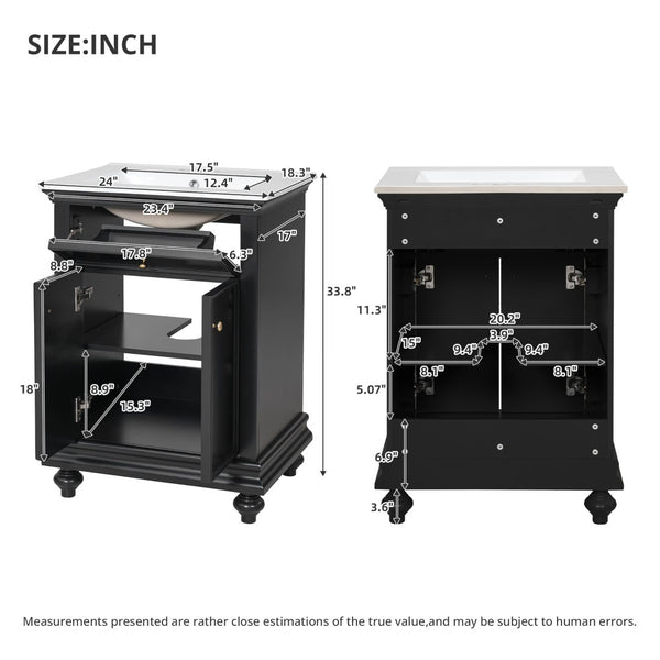 English Elm 24 Inch French Country Bathroom Vanity with Ceramic Sink Soft Close Cabinet and Gold Knobs Black N710P446538B